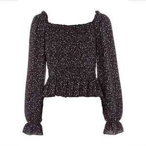 Topshop Shirred Ditsy Square Neck Long Sleeve Top